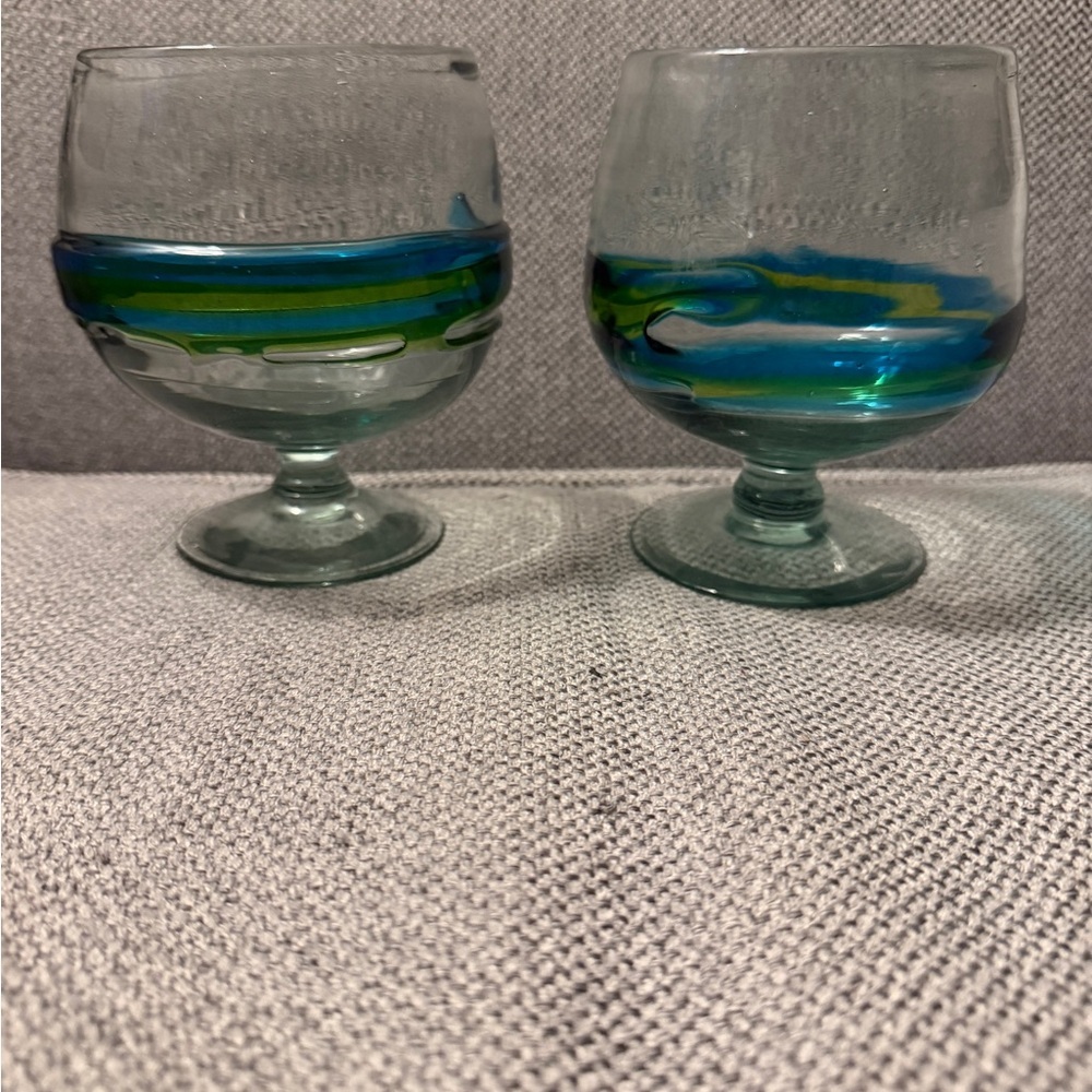 hand-blown Mexican turquoise and green swirl brandy cognac snifter glasses